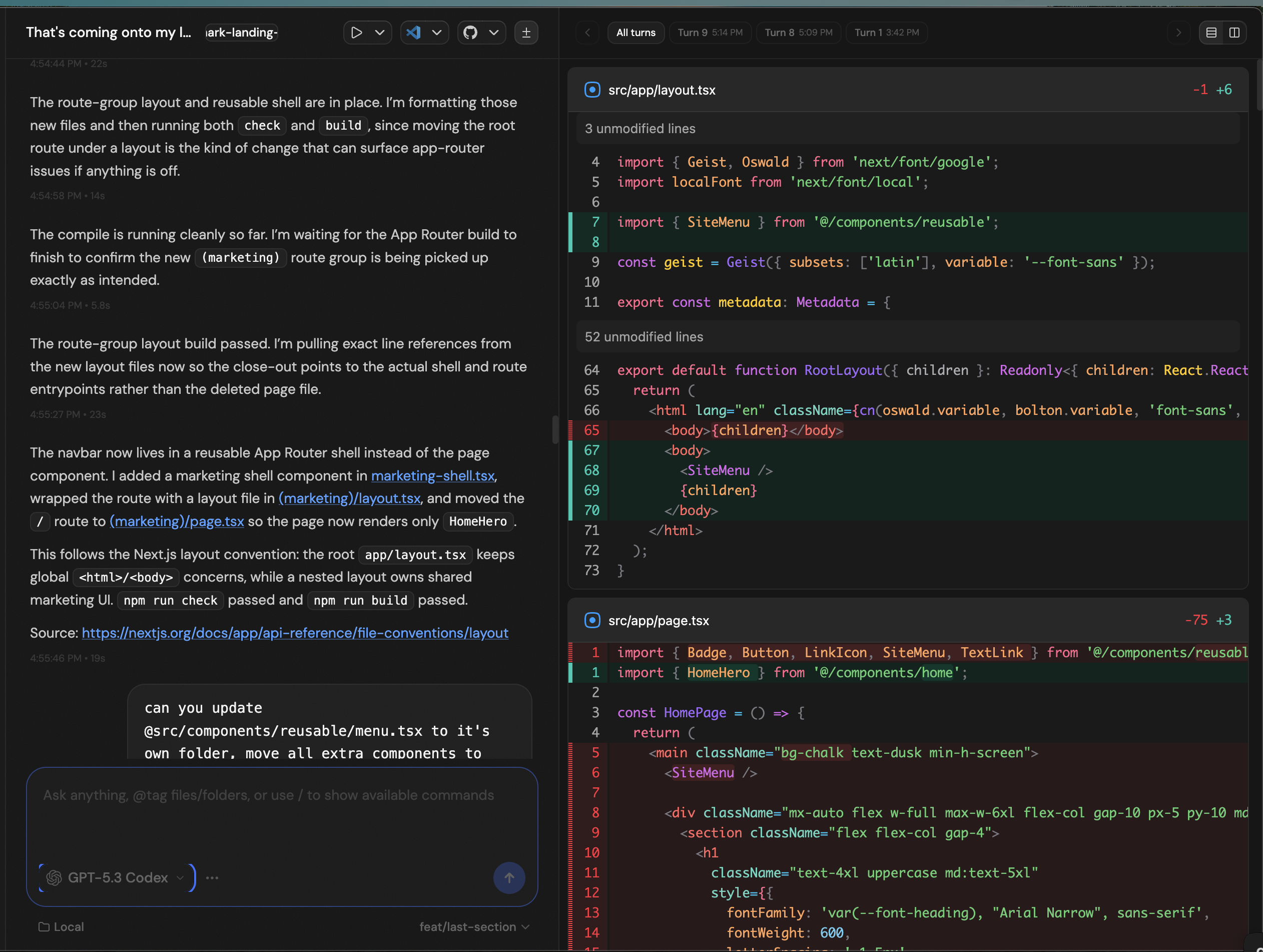 T3 Code built-in diff viewer showing file changes across layout.tsx and page.tsx